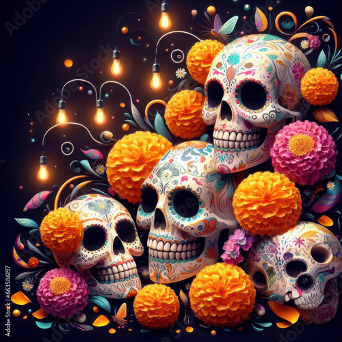 Festive dia de los muertos background Hispanic heritage sugar skull marigold 3d render digital illustration,dia de los muertos and day of dead concept