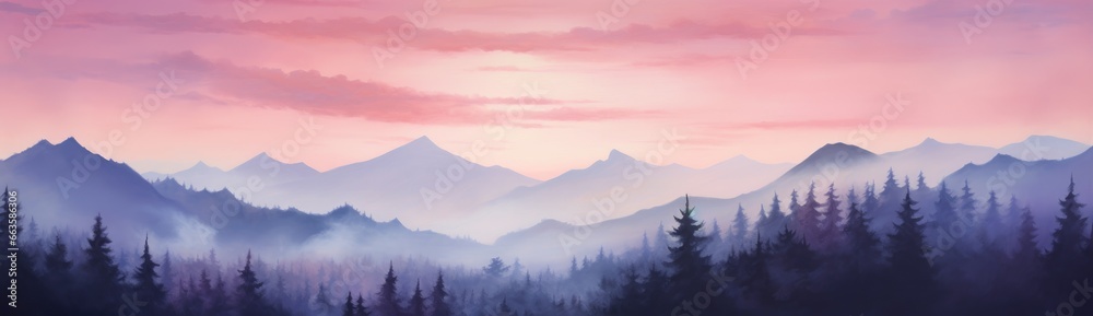 A colorful landscape with mountains, trees, and a vibrant pink sky