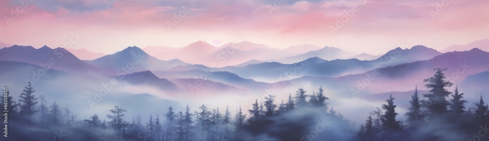 A stunning landscape painting capturing a majestic mountain range framed by lush trees