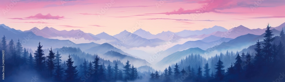 A serene landscape with majestic mountains and vibrant pink sky