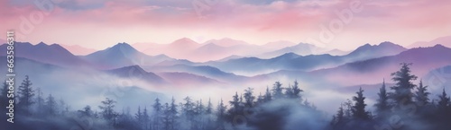 A stunning landscape painting capturing a majestic mountain range framed by lush trees © pham