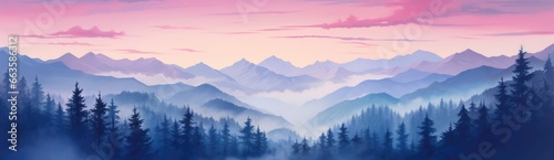 A serene landscape with majestic mountains and vibrant pink sky