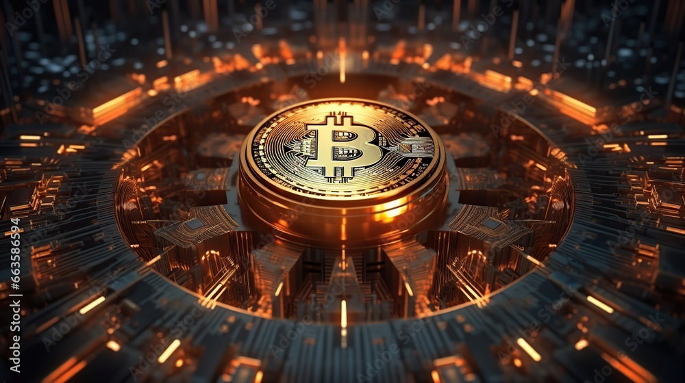A digital currency called Bitcoin is shown on a futuristic circuit board in cyberspace. This is a concept for cryptocurrency.