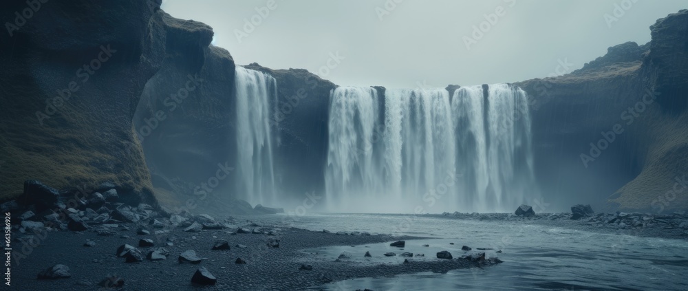 A majestic waterfall in a serene body of water - obrazy, fototapety, plakaty 