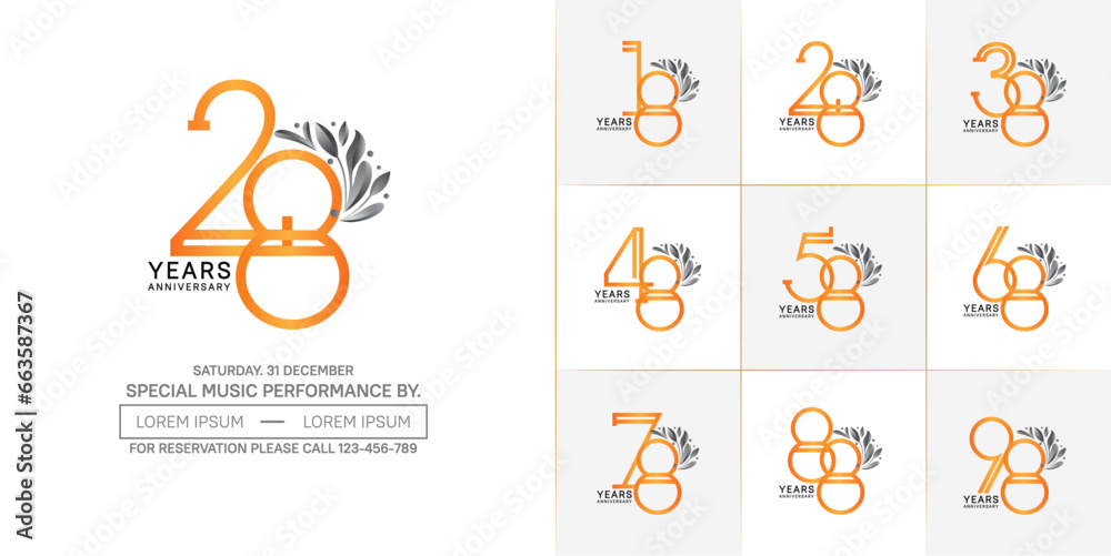 set of anniversary logotype orange color with black ornament for special celebration event