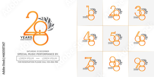 set of anniversary logotype orange color with black ornament for special celebration event