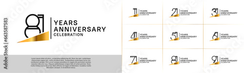 set of anniversary logotype black color with golden ribbon for special celebration event