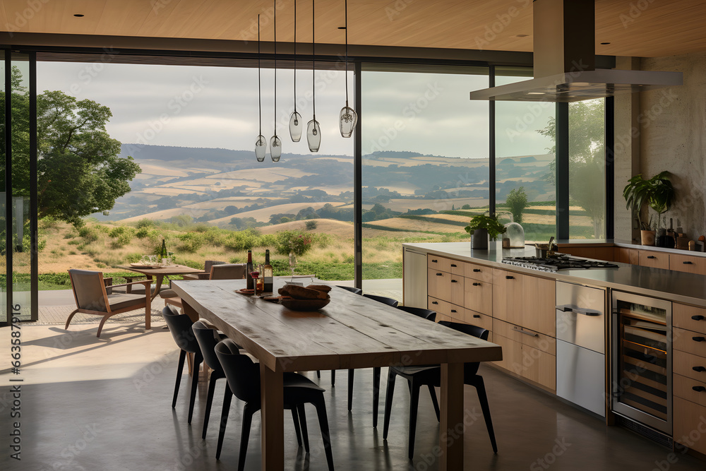 An open kitchen with floor-to-ceiling windows overlooking a picturesque vineyard. The vineyard's rolling hills and grapevines create a perfect backdrop for wine enthusiasts.
