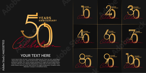 set of anniversary logotype gold color and red handwriting for special celebration event