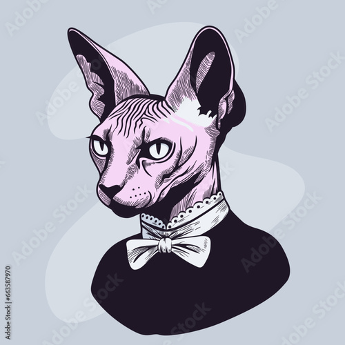 Kot rasy Sfinks w eleganckim stroju. Portret w gotyckim stylu. Prosta ilustracja wektorowa.