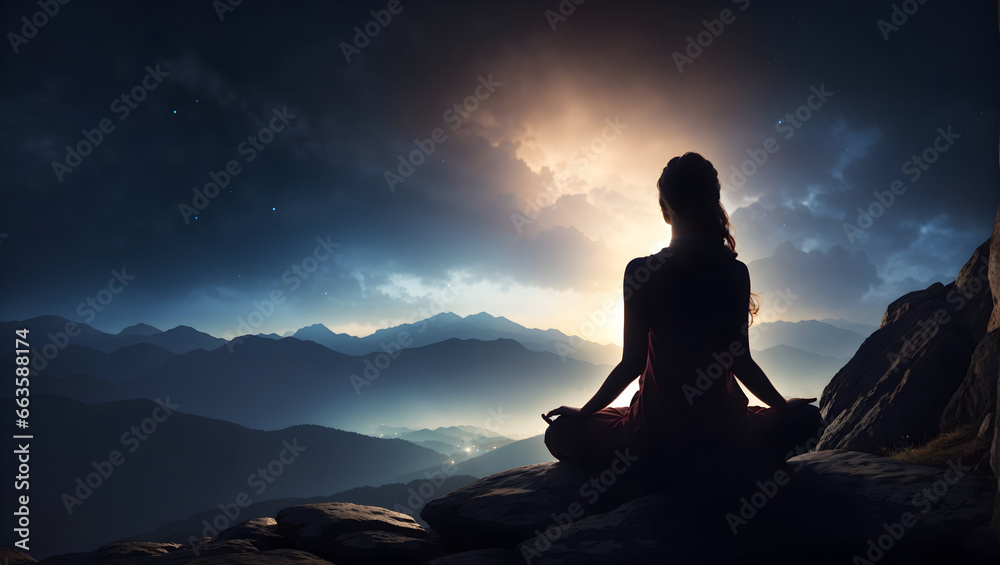 Silhouette of a woman meditating, sitting on the mountain. Manifesting good life.  Mental health matter. 