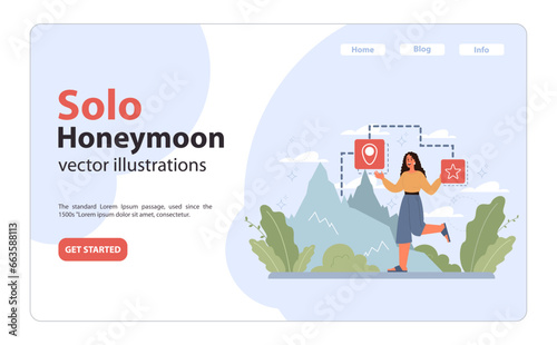 Solo travel, honeymoon web banner or landing page. Female character