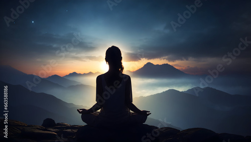 Silhouette of a woman meditating, sitting on the mountain. Manifesting good life.  