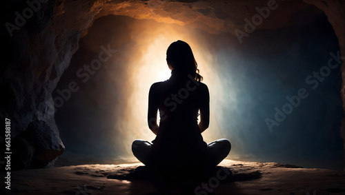 Silhouette of a woman meditating  sitting in the cave. Manifesting good life. 