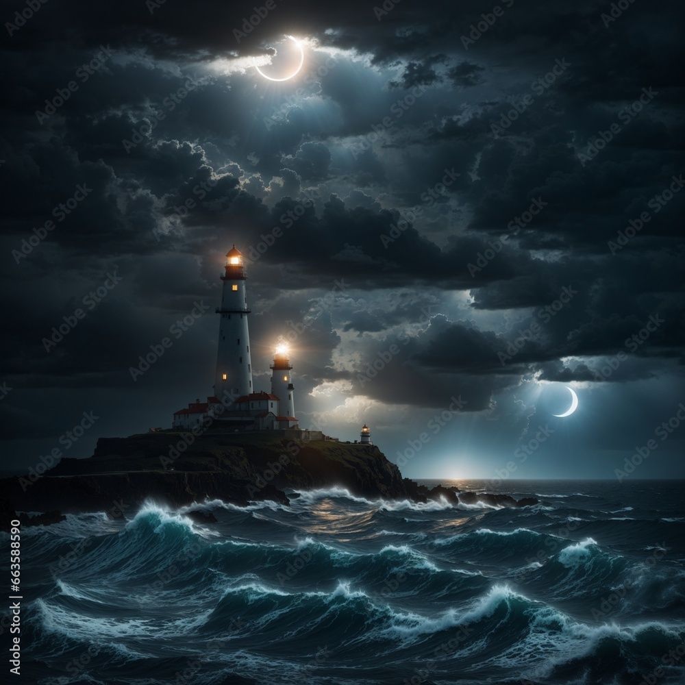 illustration of a lighthouse in the middle of the sea at night, Generative Ai