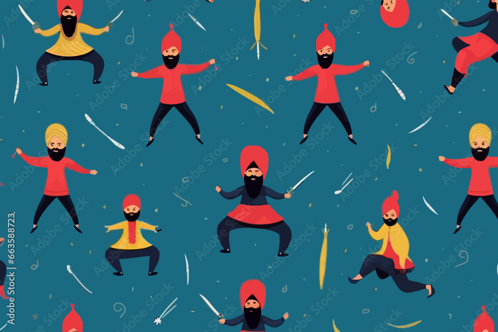 Sikh martial arts quirky doodle pattern, wallpaper, background, cartoon, vector, whimsical Illustration - obrazy, fototapety, plakaty 