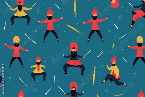 Sikh martial arts quirky doodle pattern, wallpaper, background, cartoon, vector, whimsical Illustration