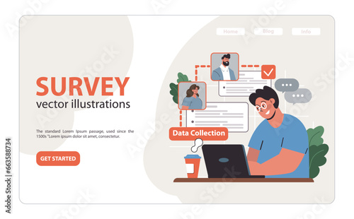 Public opinion poll data web banner or landing page. Male character
