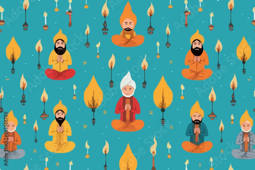 Sikhs offering prayers quirky doodle pattern, wallpaper, background, cartoon, vector, whimsical Illustration