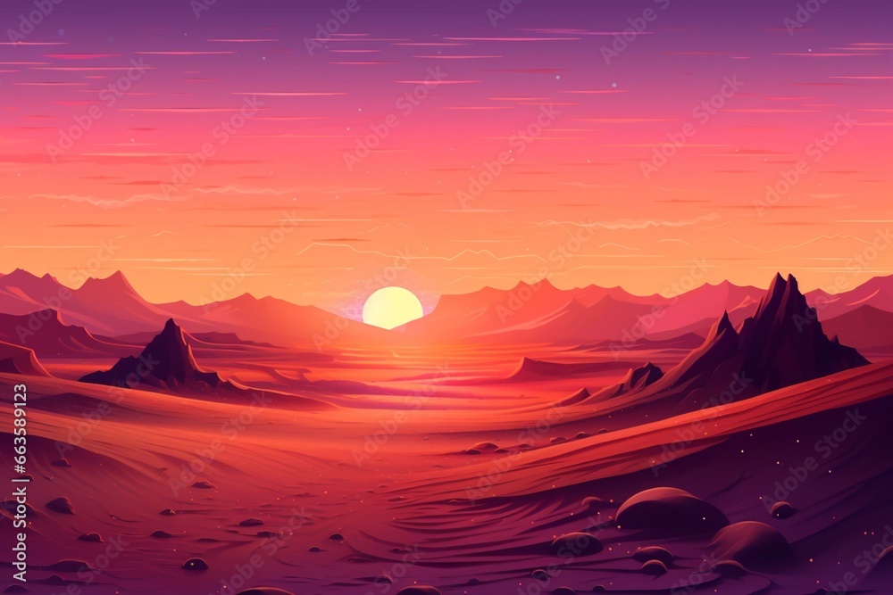 A beautiful sunrise landscape featuring desert sand dunes beneath a warm gradient starry sky. Generative AI