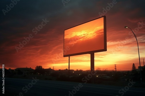 Empty billboard against sunset sky. Generative AI