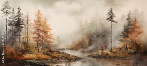 Watercolor painting of misty fall forest