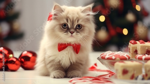 A Cat with a Red Bowtie Posing Next to a Plate of Holiday Treats © mattegg