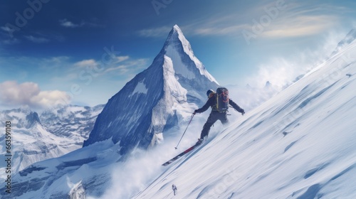 A Snow-Covered Mountain Peak with a Fearless Skier Carving