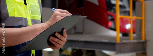 Canvastavla Closeup hands of engineer man or worker checking electric train for planning maintenance and writing document on clipboard in station, transport and infrastructure, inspector check service transport
