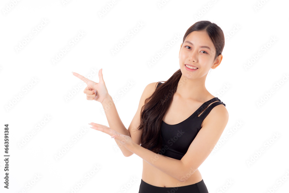 Portrait of beautiful young asian woman in sportswear smile and presenting isolated on white background, sport and exercise for health and weightloss, female and slimming showing something. Portrait of beautiful young asian woman in sportswear smile and presenting isolated on white background, sport and exercise for health and weightloss, female and slimming showing something.