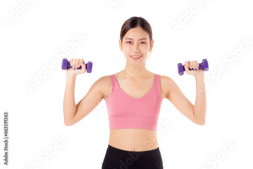 Portrait beautiful young asian woman lifting dumbbell isolated on white background, female fitness workout training with holding dumbbell for muscle strong and strength, sport and health care concept.