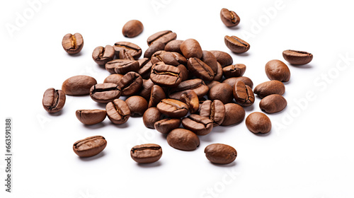 Roasted coffee beans in a placer, a lot of beans lies and levitates, isolated, on a white background