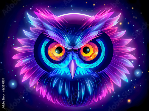 Bright colorful furry owl on a black background to use for a logo as a symbol of wisdom. AI-generated image, digital illustration.