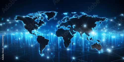 Abstract graphic world map illustration on blue background, big data and networking concept World map with global technology social connection network with lights and points AI Generative