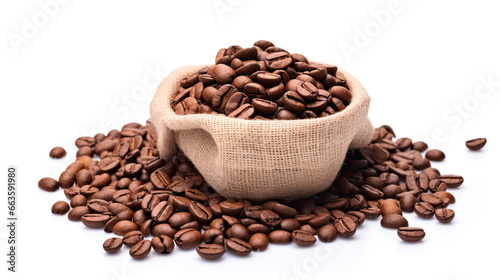 Scoop of coffee beans in a bag on white background. Coffee in scoop isolated. Top view of coffee