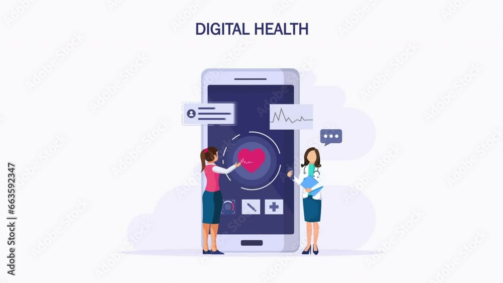 Digital health concept. Doctor looks at the patient's electronic chart on the electronic gadgets. Health care concept. 2d video animation 4k clip Digital health concept. Doctor looks at the patient's electronic chart on the electronic gadgets. Health care concept. 2d video animation 4k clip