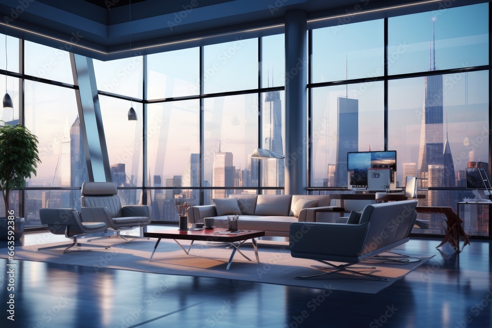 Luxurious Futuristic Penthouse Living Room with Panoramic Cityscape Views, Modern Furnishings, and Sunset Glow