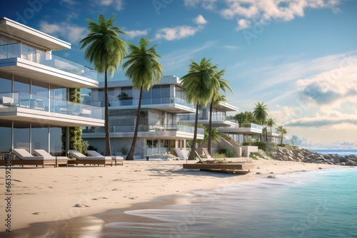 Contemporary Beachside Residence with Multi-Level Balconies  Crystal-Clear Sliding Doors  Lush Gardens  and Relaxing Loungers Facing Serene Ocean Waves