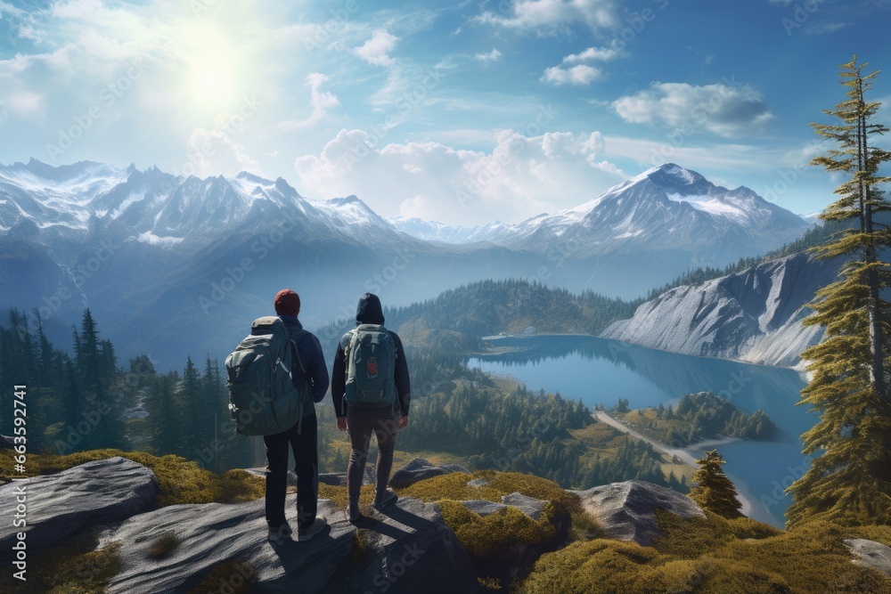 Two Backpackers Stand Atop Rocky Terrain, Gazing at Breathtaking Alpine Lake, Surrounded by Snow-Capped Mountains Under a Serene Blue Sky