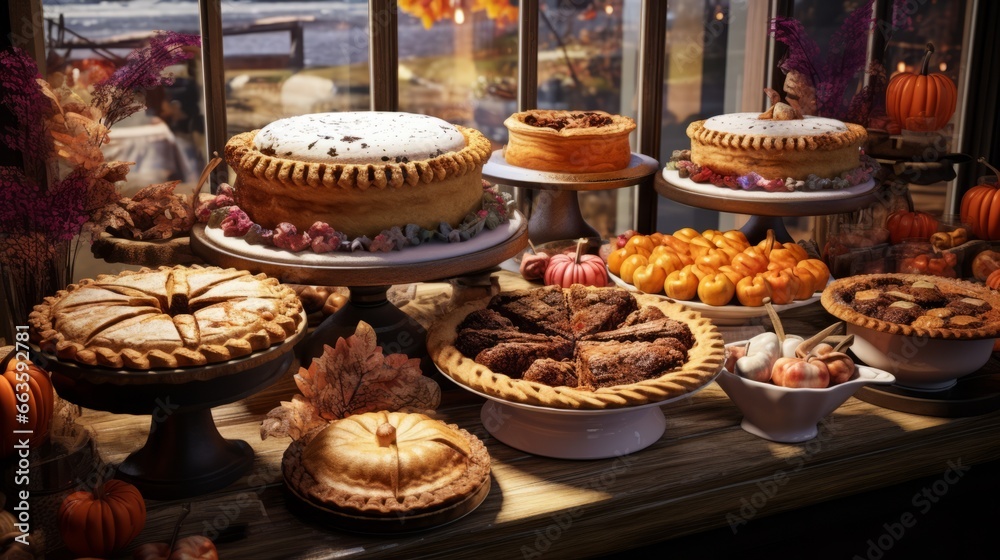 A dessert table with uniquely flavored pies and cakes