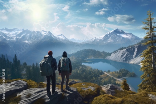 Two Backpackers Stand Atop Rocky Terrain, Gazing at Breathtaking Alpine Lake, Surrounded by Snow-Capped Mountains Under a Serene Blue Sky © Bryan