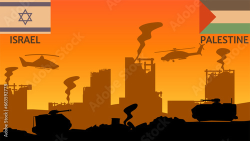 Palestinian Israeli conflict vector illustration. Destroyed city in war conflict of Palestine and Israel. Landscape illustration of war for social issues, news or conflict photo