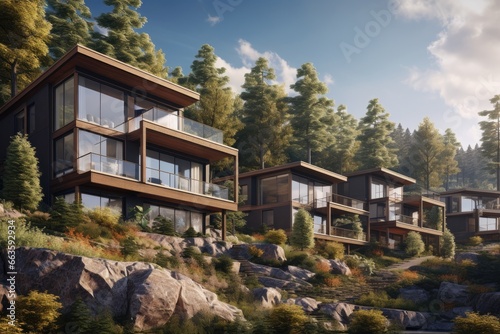 Multi-Level Structures Amid Lush Greens and Rocky Outcrops, Embracing Nature's Harmony with Contemporary Design