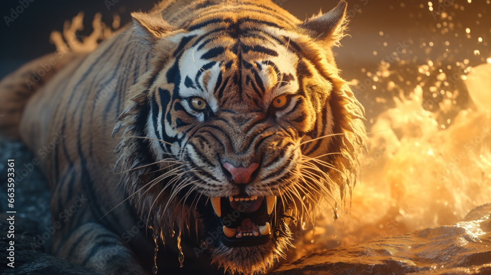 A Tiger Portrait of a Powerful Predator Rising From the Water With a Tiger Roar and a Predatory Beauty