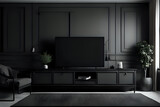 Interior mock up black style living room. cabinet for TV or place object in modern living room with lamp and table