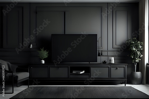 Interior mock up black style living room. cabinet for TV or place object in modern living room with lamp and table © indofootage
