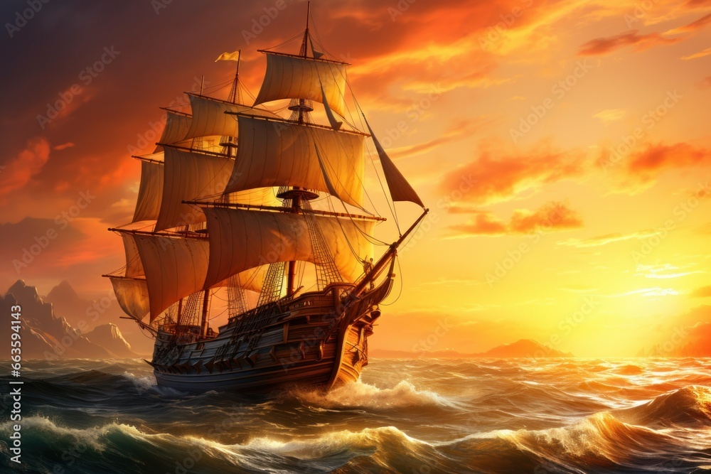 Historic pirate ship sailing in open waters, with a sunset backdrop casting golden hues