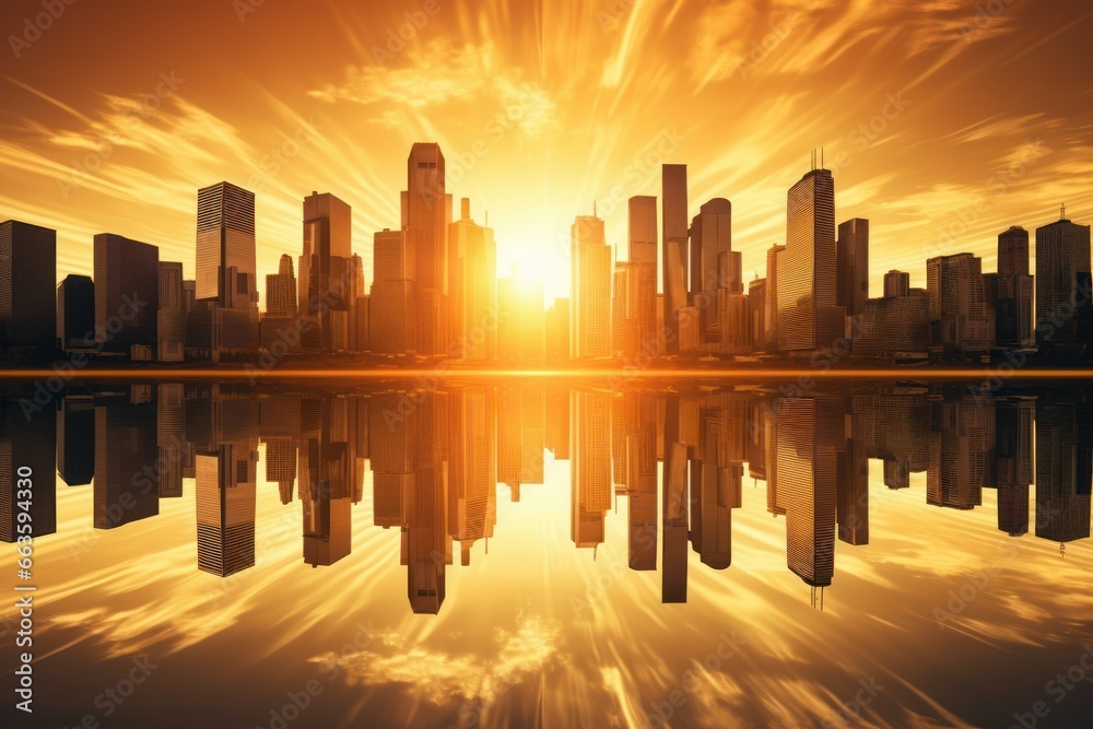 Panoramic view of modern city skyline during sunset, skyscrapers reflecting golden hues