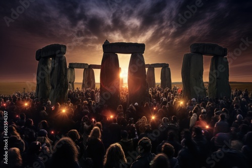 Mystical Stonehenge solstice, druids celebrating amid the ancient monoliths photo