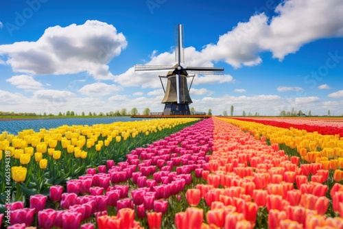 Picturesque Dutch tulip fields, windmills turning gently amidst colorful blooms